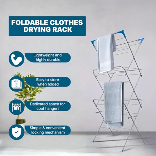 3 Tier Folding Clothes Airer, Indoor & Outdoor Drying Rack, Lightweight, Foldable, Non-Slip Feet, Corner Hanger Hooks, Compact Laundry Dryer for Home Storage, Standing Dry Racks, Clothes rail (WHITE) - Image 4