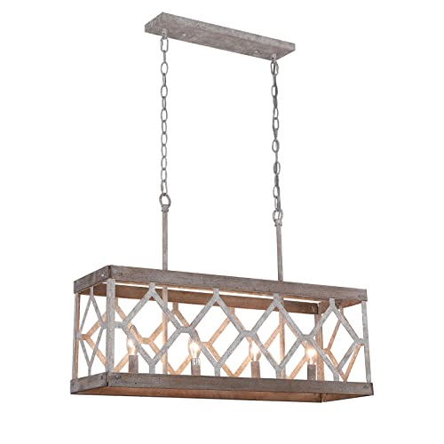 Docheer Farmhouse Island Chandelier Light Fixture, 4-Light Distressed White Wood Chandeliers For Dining Room, Rectangular Rustic Hanging Lighting Over Table #TOP27