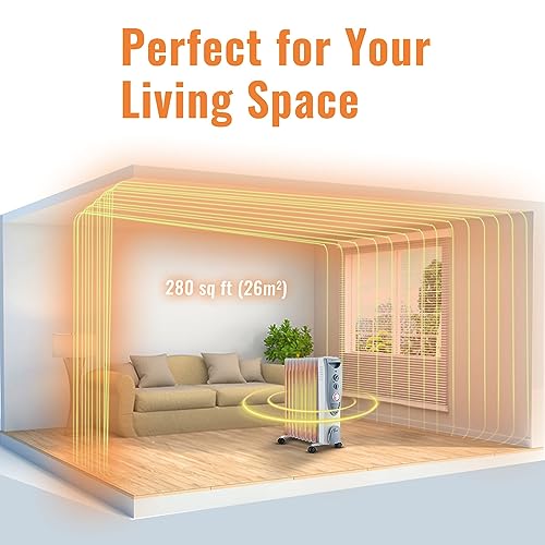 PureMate Oil Filled Radiator, 2500W/2.5KW - 11 Fin - Portable Electric Heater, 3 Power Settings, Adjustable Temperature and Thermostat, Thermal Safety Cut off & 24 Hour Timer