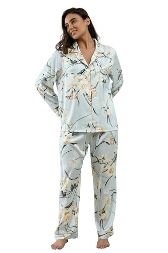 Image of YiNi LuLu Womens Silk Satin Pajamas Set Button Down 2 Piece Pjs Long Sleeve Oversized Sleepwear with Pockets