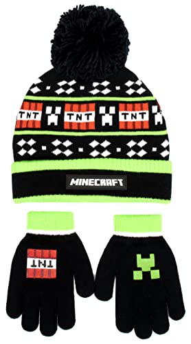 Minecraft - Conjunto de gorro y guantes para niños - Gorro y guantes de lana negros - Diseño de píxeles - Talla única para 6-12 años - Mercancía oficial