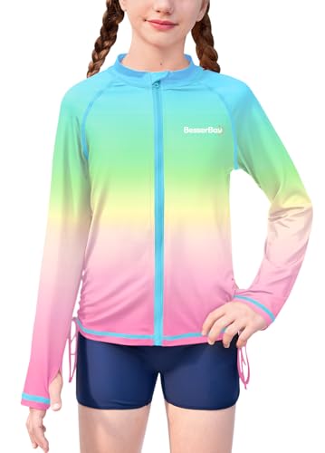 Image of BesserBay Girls Rash Guard UPF 50+ Zip Up Raglan Long Sleeve Adjustable Drawstring Swim UV Jacket 4-14 Years