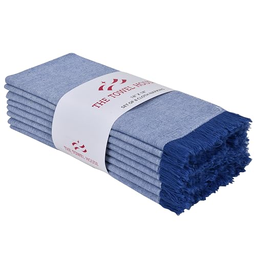THE TOWEL HOUSE 100% Cotton Premium Dinner Napkin with Stylish Four-Side Fringes, Highly Absorbent, Soft for Wedding, Party, 18x18 Inch, Pack of 8 - Blue, Perfect for Elegant Gathering, Everyday Use
