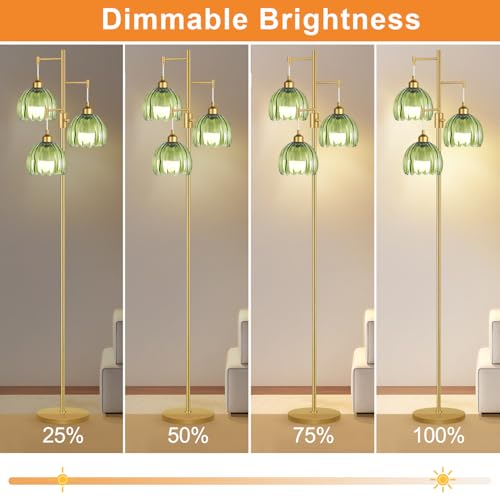 Image of ZECOXOL Dimmable Floor Lamps for Living Room-3 Light Gold Floor Lamp with Three Bulbs & Glass Lampshape, Mid Century Modern Standing Lamp Tree Tall Flower Floor Lamp for Bedroom Living Room,Corner