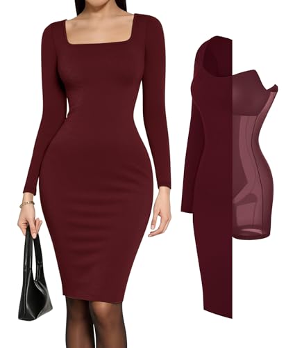 Image of Popilush Long Sleeve Midi Dresses for Women, Built-in Bra Shapewear Dress | Bodycon, Tummy Control, Square Neck, Cocktail Party and Dinners