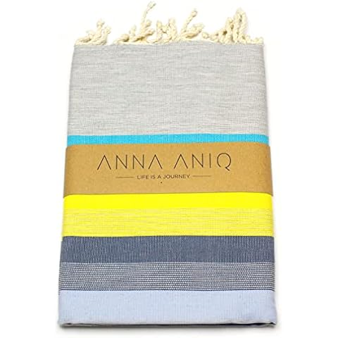 ANNA ANIQ Fouta Hammam Towel Beach Towel Sauna Towel XXL Extra Large 100 x 200 cm (Width Stripes) 100% Combed Cotton Bath Towel Picnic Blanket Yoga Peshtemal Beach Towel (Blue/Yellow) Cover