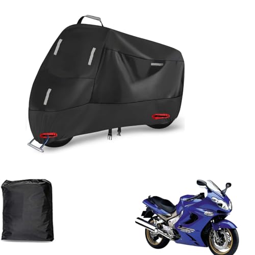 に適用カワサキZZR1200バイクカバー 300D 全天候型 オートバイカバー 原付カバー 防埃 防水 耐熱 盗難防止 紫外線防止 バイク用車体カバー 5つの反射ストリップ ワンタッチバックル付き 前後アイレット2つあり 盗難防止 収納バッグ付き