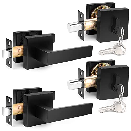 Probrico Flat Black Passage Door Lever With Single Cylinder Deadbolts Combo Pack, Modern Square Lock Set Handleset,Exterior Door Handle And Deadbolts Set,Exterior Door Lever Passage 2 Pack #TOP6