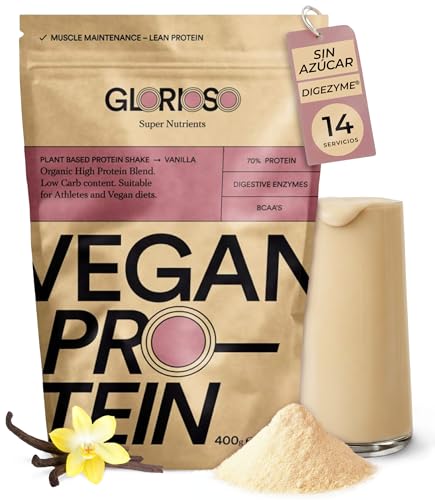 GLORIOSO Proteina Vegana Isolate Sin Azucar Ni Lactosa con DigeZyme® Batido Bajo en Carbohidratos Sin Gluten Vegan Protein Powder con Mezcla a Base de Guisantes Arroz y Calabaza Sabor Vainilla 400g
