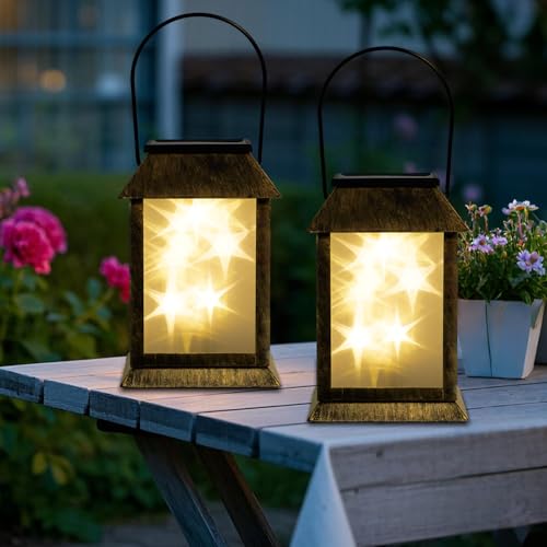 Recopilación de Faroles de luz que Puedes Comprar On-line. 44 Luces de farol de exterior, actualizado 3D Star luz linternas solares, Lámpara solar colgante para jardín,Automatic On/Off Lampara Solar Pared Para Patio Porche Jardin Pasillos(2...