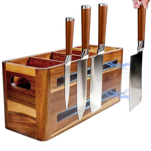 Image of Wooden Kitchen Utensil Holder Organizer for Counter or Countertop, Large Wooden Utensil Holder 4 Compartment, Acacia Wood Container Extra Large.with Strong Magnets Multifunctional Storage Knife Holder
