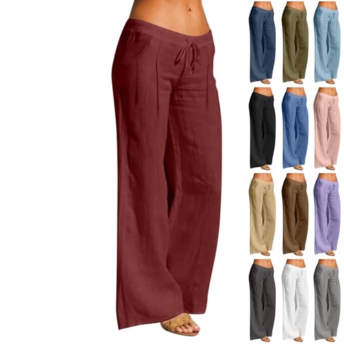 LIKEOULI Wide Leg Linen Pants for Women Linen Pants Women Petite Linen Pants Linen Pants Women Wide Leg Drawstring Elastic Waist Casual Loose Trousers