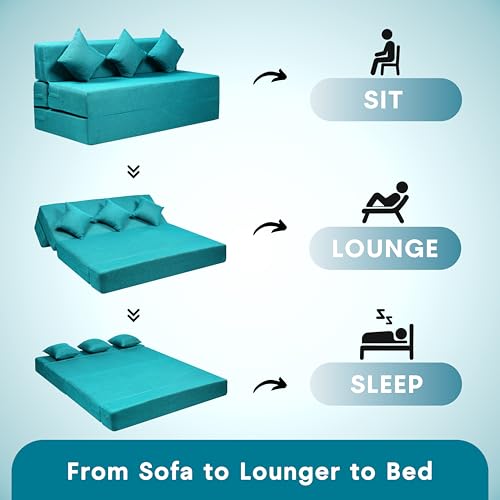 Image of Amazon Brand - Solimo 3 Seater 5 * 6 Jute Fabric Washable Cover Sofa Cum Bed with 3 Cushions 3 Seater Double Foam Fold Out Sofa Cum Bed (Finish Color - Sky Blue Delivery Condition - Pre-Assembled)