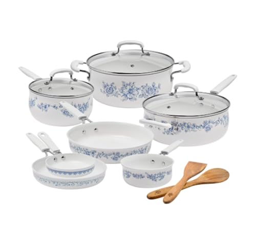 Pioneer Woman Style Agatha 12-Piece Aluminum & Ceramic Classic Cookware Set Blue