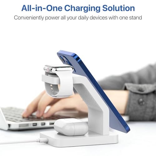 Image of eller sante Combo 3in1 23W Magnetic Mag-Safe Wireless Charger with 20W Fast Charger Adapter for iPhone 17 /17 Air /17 Pro /17 Pro Max, 16 /16 Plus /16 Pro /16 Pro Max, 15 /14 /13 /12, Airpods, iWatch- White
