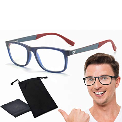 O³ Gafas Luz Azul Hombre & Mujer - Gafas Ordenador & Todos Tipos De Pantallas – Protege Tus Ojos – Evita Migrañas Causadas Por Radiación De Pantallas (Azul Oscuro & Rojo)