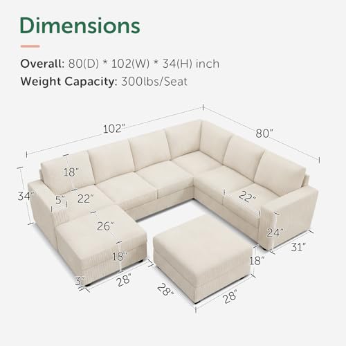 Image of HONBAY Corduroy Sectional Couch with Storage, U Shaped Sectional Sofa, 8 Seater Sectional Couch for Living Room, Beige