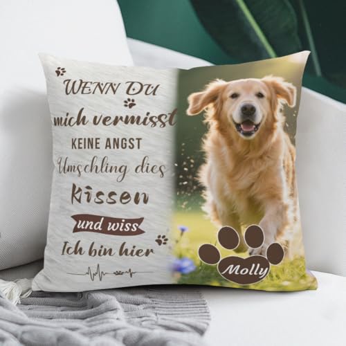 AnJeey Personalisiertes Erinnerungskissen für Hunde/Katzen | Doppelseitiges Foto & Name | Trostgeschenk Trauer | Gedenkgeschenk verstorbenes Haustier