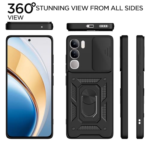 Image of Outlouders Back Cover for Vivo Y300 5G / Vivo V40 Lite 5G | D10 Tough Armor 360 Protection Case with Sliding Camera Shield & Ring Holder Stand Bumper Case (Black)