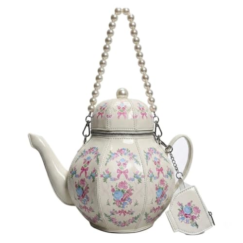 Women PU Leather Floral Handbag Crossbody Shoulder Bag Pearl Chain Valentine Purse for Girls with teapot Ornament White - image 1