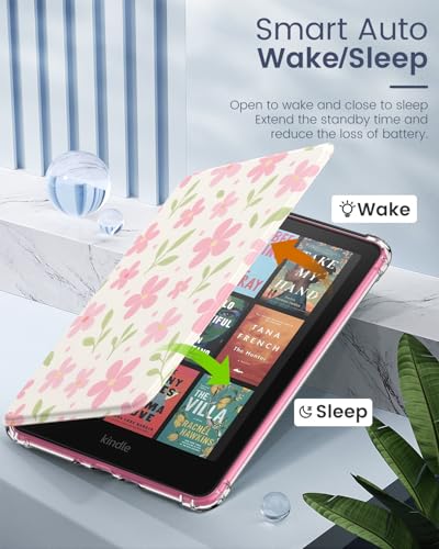 MoKo Case for All-new 7" E-Reader 12th Gen 2024/2025 & Colorsoft 2024/2025,Ultra Clear Soft Flexible Transparent TPU Back Cover Light Shell with Auto Wake/Sleep,Not fit BOOX & Kobo, Flower & Leaves