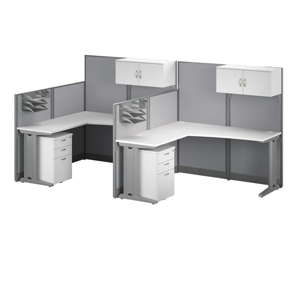 Bush Business Furniture Office in an Hour 2 Person L Shaped Cubicle Desks with Storage, Drawers, and Organizers in Pure White | Double Workstation Set with Privacy Panels for Commercial Workspace