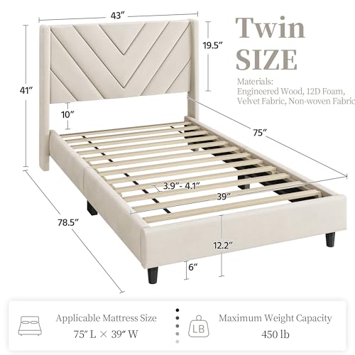 Yaheetech Twin Bed Frame Upholstered Platform Bed with Wing Side/Wooden Slat Support/Tufted Headboard with Wing Side/Mattress Foundation/No Box Spring Needed,Beige Twin Bed
