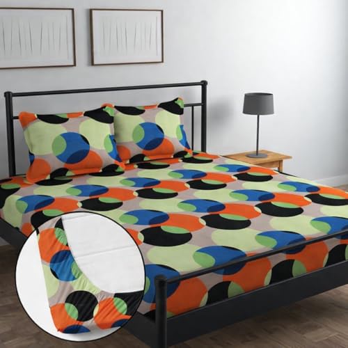 Image of Jashan 210 TC Glace Cotton Circle Design Multi Printed Cotton Bedsheet with Pillow Cover - Soft & Breathable Single Bed Sheet 72x78x10 Inche