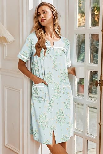 Image of Ekouaer Nightgowns for Women House Dress with Pockets Button Down Sleepshirt Short Sleeve Nightshirt Housecoat