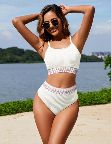 Women's High Waisted Swimsuit Two Piece Ribbed Bikini Sets Crop Top High Cut Cheeky Bathing Suits4