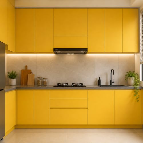 Image of Vinyl Contact Paper Decorative for Cabinets Countertops Kitchen Shelves Liner Self Adhesive Film Peel and Stick Waterproof Removable Wallpaper (Inches 24 x 300, Matte Yellow)