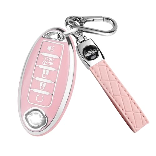 QBUC for Nissan Key fob Cover Soft TPU 360Car Key Case Protector with Keychain Compatible with Altima Sentra Rogue Pathfinder Murano Armada Maxima Versa ect 5 Buttons Smart Keys(Pink)