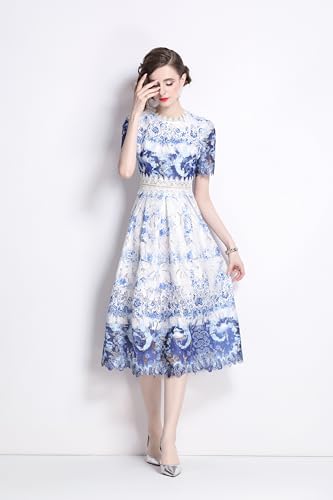 Image of LAI MENG FIVE CATS Women's Lace Floral Short Sleeve Crochet Waist Cocktail Midi Dress