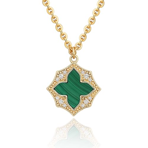 Fettero Necklaces for Women Trendy 14K Gold Plated Charm Necklace Green Malachite Heart Coin Butterfly Cross Clover Pendant Dainty Gold Necklace for Women Jewelry