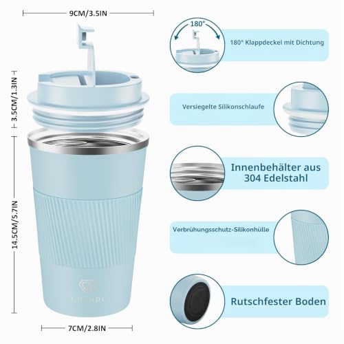 CS COSDDI Thermobecher- Isolierbecher, Edelstahl Travel Mug, 13oz/380ml Vakuum auslaufsicher Reisebecher mit Deckel, Autobecher… – Ansicht 2