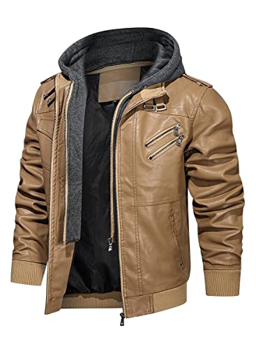Image of HOOD CREW Men's Casual Stand Collar PU Faux Leather Zip-Up Motorcycle Bomber Jacket With a Removable Hood