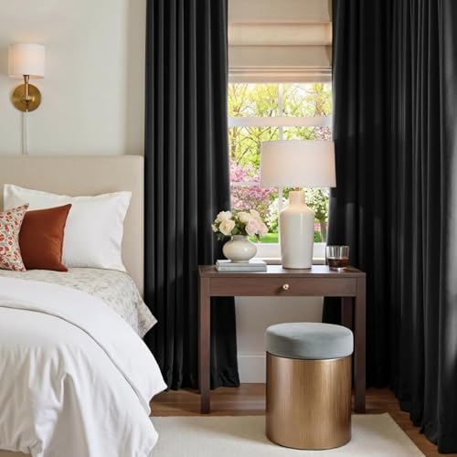 Image of Extra Long Black Velvet Curtains Grommet 52x108 Inch 2 Panels | Soft Velvet, For Tall Windows & High Ceilings, Light Shifting Texture, Elegant Drape, Classic, Rod Pocket