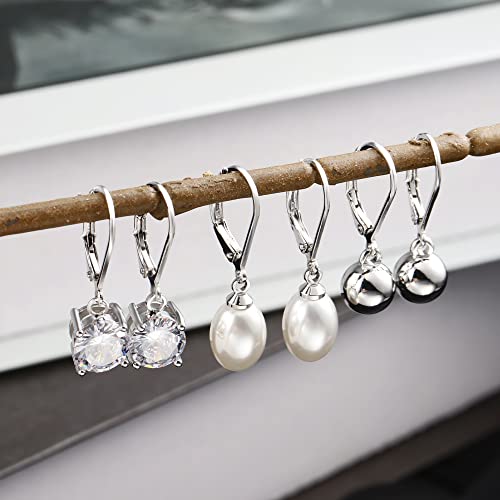 Dangle Silver Leverback Earrings For Women Alexcraft 3 Pairs Cubic Zirconia Pearl Ball Drop Earrings White Gold Plated Dangly Drop Earrings Elegant Earrings For Teen Girls #TOP4
