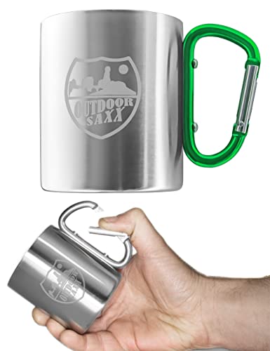 OUTDOOR SAXX® Stainless Steel Mug with Carabiner Handle and Laser Engraving (Green), 8,9 cm x 7,5 cm - Image 3