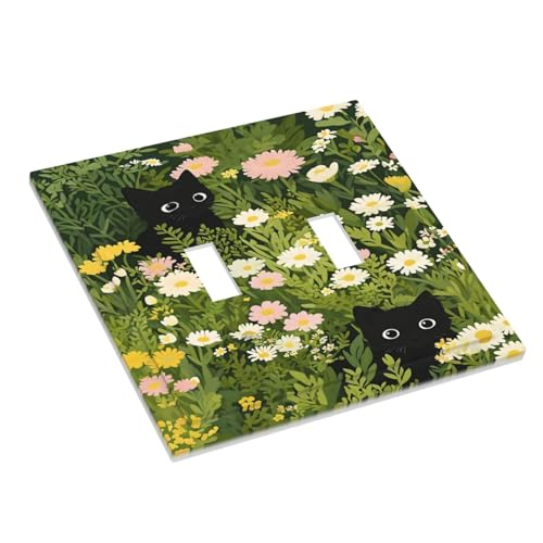 Decorative Switch Covers Plate Funny Cute Black Cat Colorful Flower Green Plant 2 Gang Wall Plate Oversized Double Toggle Light Switch Plate Wall Cover Plate Faceplate for Home Decor