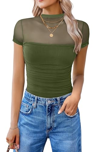 Image of Avidlove Women's Short Sleeve Bodysuit Turtle Neck Body Suits Mesh One Piece Leotard Going Out Tops Date Outfits
