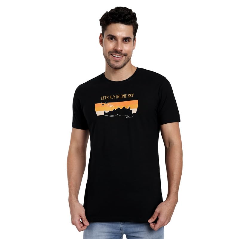 ONE SKYRound Neck T Shirts for Men, Versatile Mens Wear, Mountain Print Round Neck Gents T-Shirt, Breathable, Pure Cotton Fabric, Relaxed Fit, Stylish & Durable, Easy to Care, Gift for Men