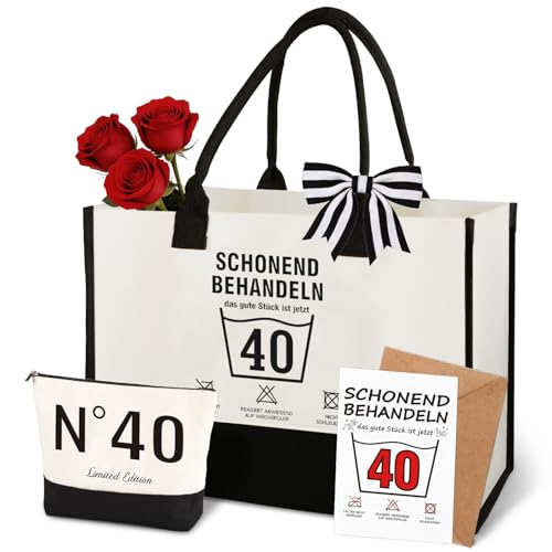 Giftota 40. Geburtstag Geschenk Frau Schonend behandeln 40 Canvas Einkaufstasche Tragetasche & Kosmetiktasche Set mit Grußkarte 40. Geburtstagsgeschenk für Frauen Freundin Kollegin Schwester