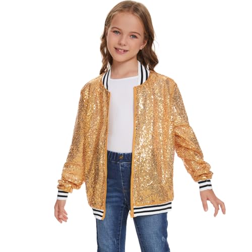 Mowbeat Girls Sequin Jacket Pink Zipper Varsity Jacket for Kids Gold Sparkly Sequin Coat Long Sleeve Glitter Outerwear
