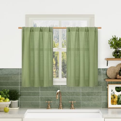 Image of LAMIT Kitchen Window Linen Curtains 30 Inch Length Over Sink, Sage Green