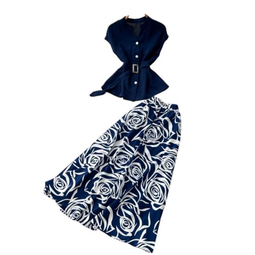 Ensemble haut et jupe midi en patchwork floral au design coréen raffiné