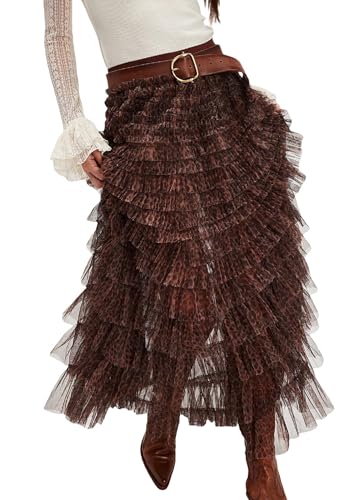 NUFIWI Women Ruffle Maxi Slip Skirt Elastic Waist Sheer Mesh Long Skirts Lace Layered Tiered Tulle Tutu Skirt Petticoat