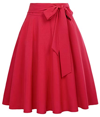 Women Pleated Vintage Skirts with Bow-Knot Waist A-Line Skirt Red Size XL