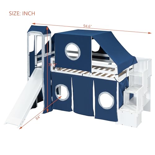Merax Low Loft Bed Twin Size with Slide and Storage Stairs, Wood Loft Bed with Tent & Tower, for Boys & Girls, Blue