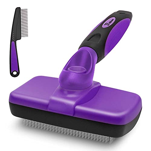 BRILLIRARE Self-Cleaning Slicker Brush+Free Stainless-Steel Comb, Easy to Clean Dog Brush, Retractable Pet Grooming Brus